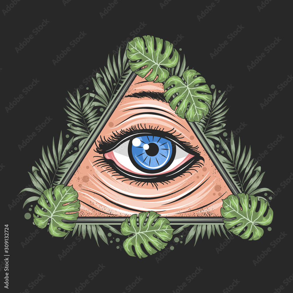 EYES TROPICAL LEAF TRIANGLE ILLUMINATI FREEMASON GOD ARTWORK VECTOR Stock  Vector | Adobe Stock