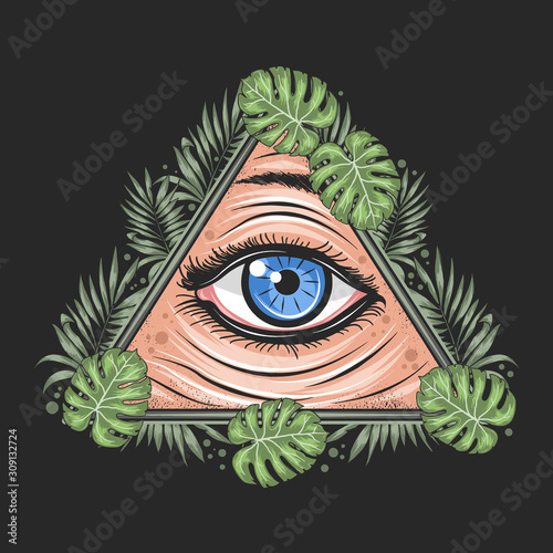 EYES TROPICAL LEAF TRIANGLE ILLUMINATI FREEMASON GOD ARTWORK VECTOR