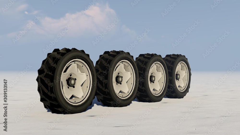 Obraz premium Car Wheels in Snow, Winter, 3D Rendering