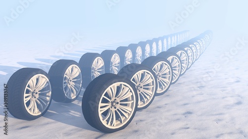 Car Wheels in Snow, Winter, 3D Rendering