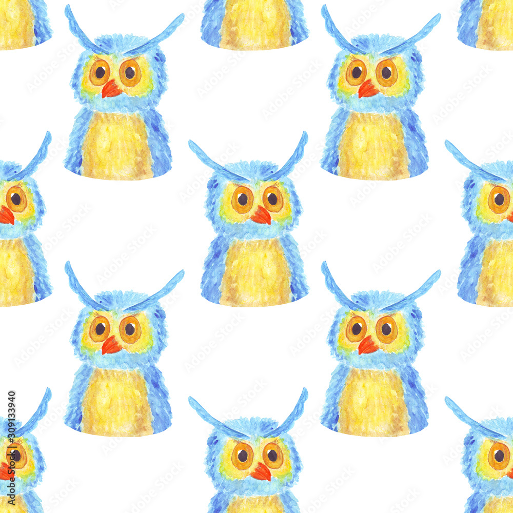 watercolor owl seamless pattern on a white background. blue owl inspired by children's fairy tales