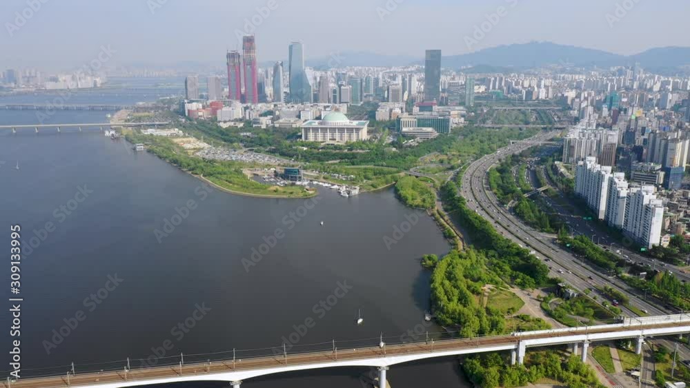 Yeouido island, business and financial center of Seoul, South Korea aerial shot