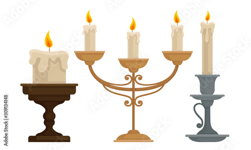 Candles in Candlesticks Vector Set. Vintage Candle Holders and Candelabrums