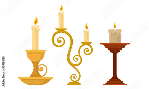 Candles in Candlesticks Vector Set. Vintage Candle Holders and Candelabrums