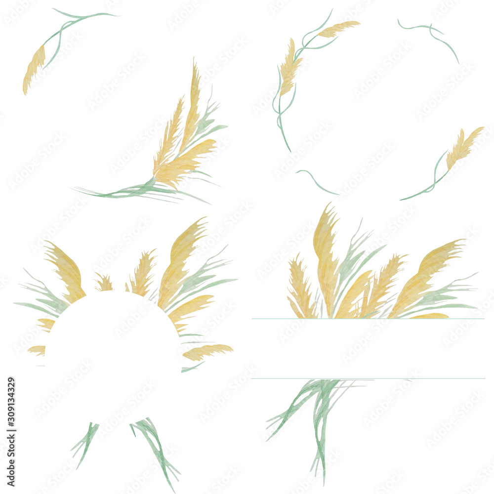 Set of watercolor frames made of golden pampas grass. Ideal for decorating wedding invitations, cards, photo albums, web sites, scrapbooking and other creative ideas.