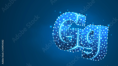 Alphabet letter G. Design of an Uppercase and lowercase letters. Banner, template or a pattern. Abstract digital wireframe, low poly mesh, vector blue neon 3d illustration. Triangle, line dot