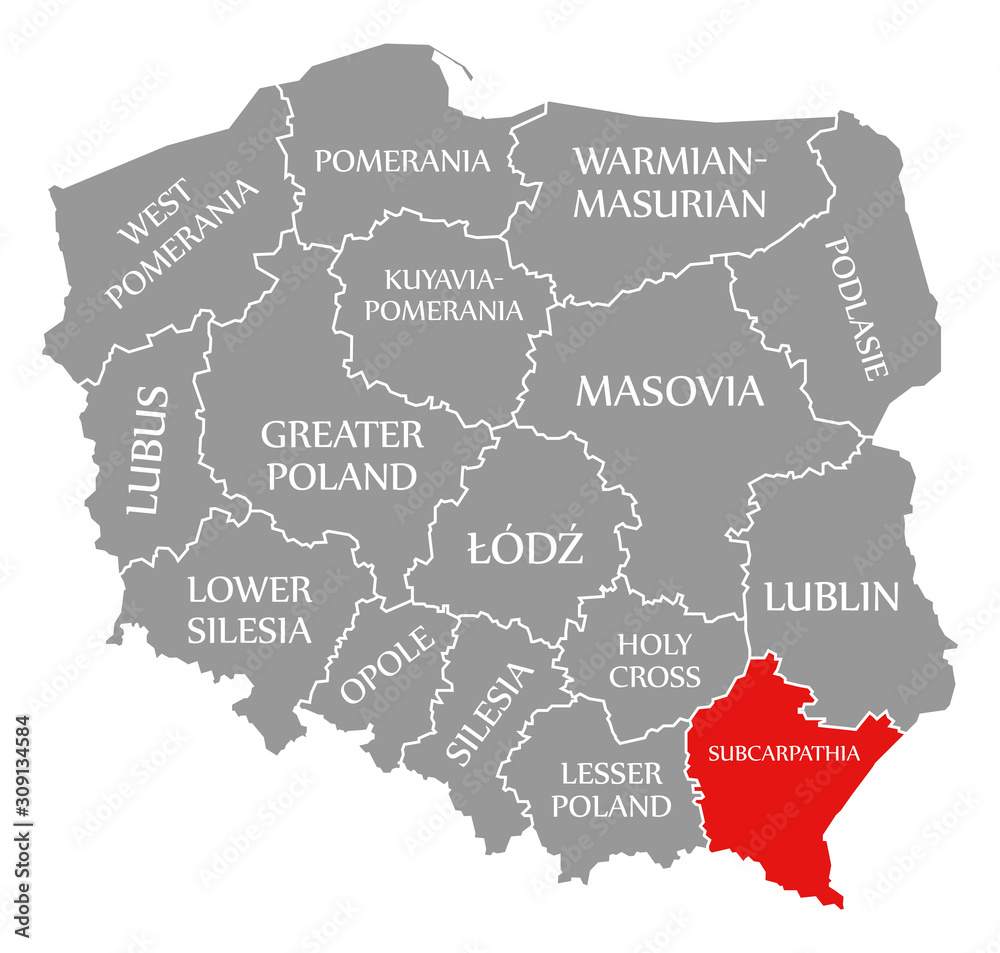 Subcarpathia red highlighted in map of Poland
