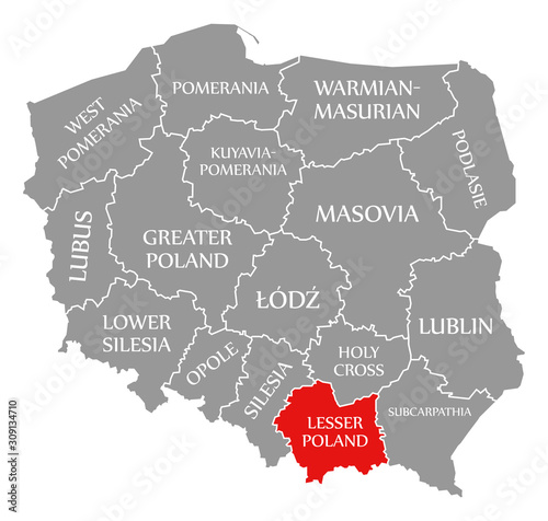 Lesser Poland red highlighted in map of Poland