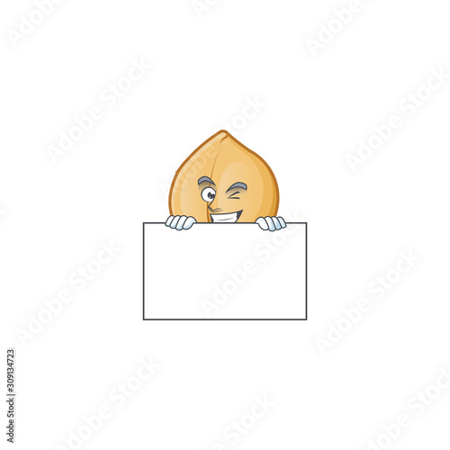 Grinning chickpeas cartoon character style hides behind a board