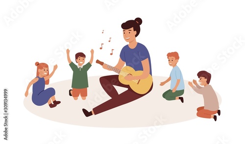 Kindergartener with kids group flat vector illustration. Nursery governess playing guitar. Music and singing lesson, game, entertainment. Smiling woman and children cartoon characters.