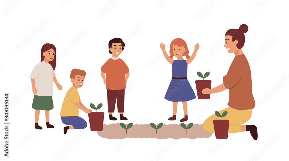 Kindergarten teacher with kids group flat vector illustration. Woman planting flowers. Gardening lesson, entertainment, teaching. Smiling kindergartener and children cartoon characters. Kindergarten teacher with kids group flat vector illustration. Woman planting flowers. Gardening lesson, entertainment, teaching. Smiling kindergartener and children cartoon characters.