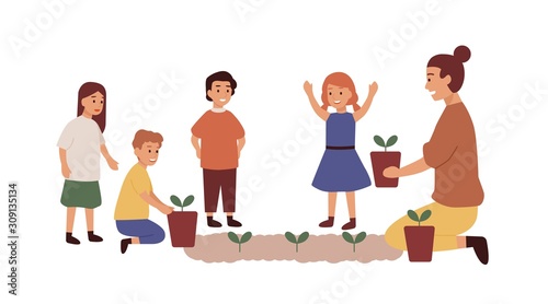 Kindergarten teacher with kids group flat vector illustration. Woman planting flowers. Gardening lesson, entertainment, teaching. Smiling kindergartener and children cartoon characters.