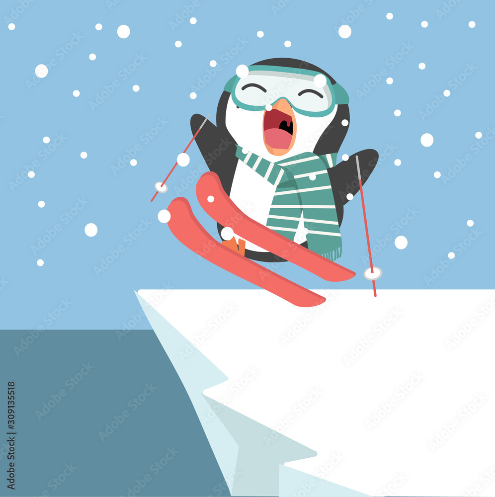 Penguin with skis on Mountain Penguin with skis on Mountain