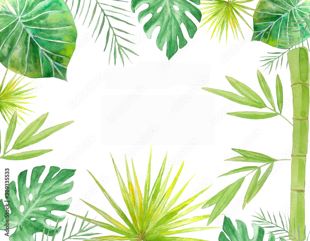 Watercolor green tropical leaves. Ideal background for digital wallpapers, web sites, photo albums, scrapbooking and other creative ideas.