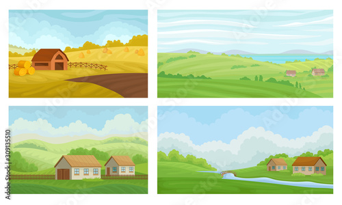 Countryside Landscapes Vector Set. Rural Area Graphic Collection