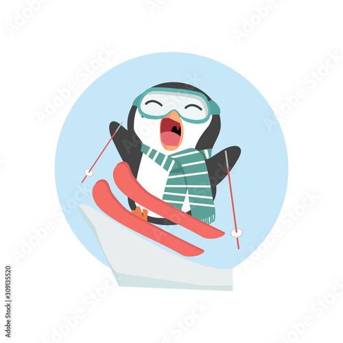 Cute penguin skiing on snow