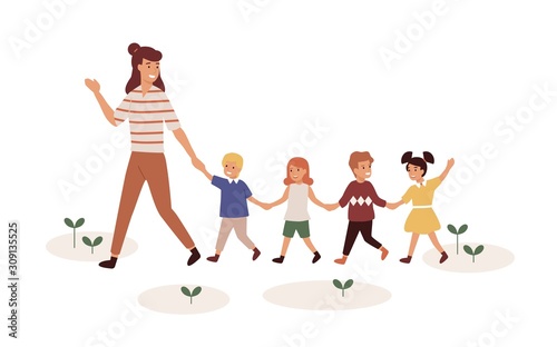 Kindergartener with children flat vector illustration. Female babysitter and kids cartoon characters playing outdoor. Preschool teacher with pupils outdoor isolated on white background.