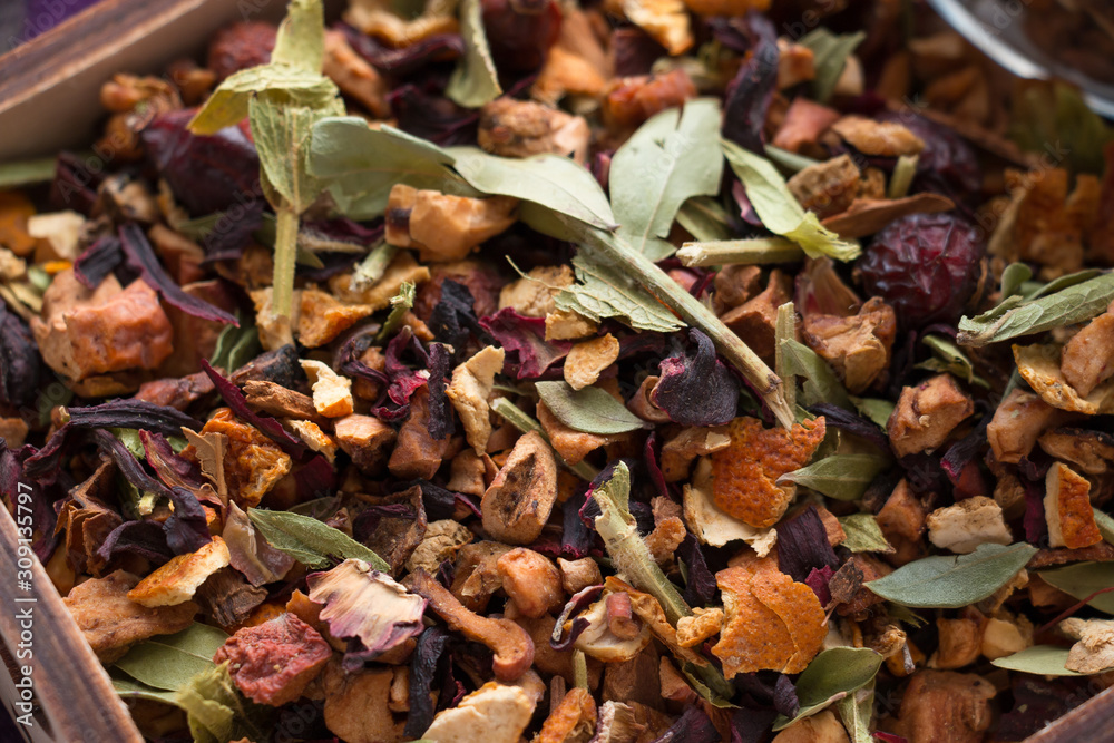 Fragrant, dry fruit tea (tea leaves) close-up. Fragrant, dry fruit tea (tea leaves) close-up.