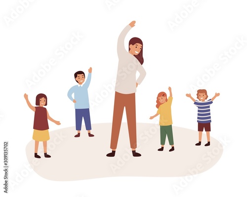 Kindergarten physical activity lesson flat vector illustration. Female babysitter and kids cartoon characters. Preschool teacher with pupils exercising isolated on white background.