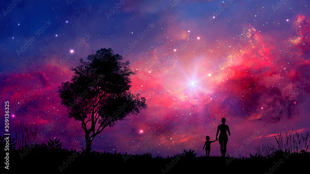 Mother and daughter walk in landscape with tree and colorful nebula. Parents concept background. Elements furnished by NASA. 3D rendering