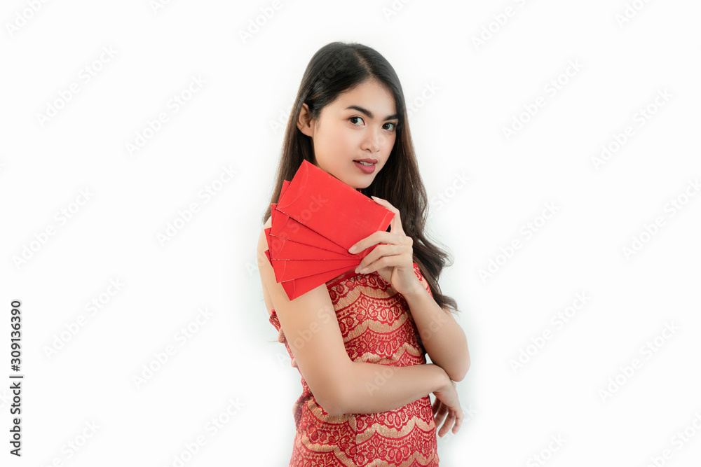 Asian woman holding red envelopes Chinese Happy new year Asian woman holding red envelopes Chinese Happy new year