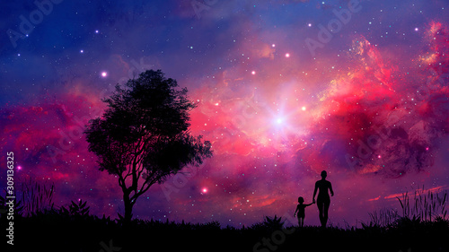 Mother and daughter walk in landscape with tree and colorful nebula. Parents concept background. Elements furnished by NASA. 3D rendering