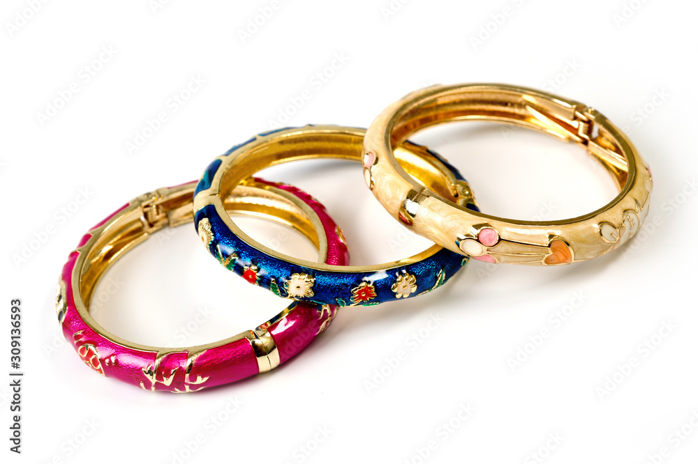 Naklejka premium metal, round, women's multi-colored bracelets on a hand