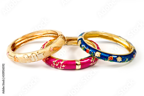 metal, round, women's multi-colored bracelets on a hand