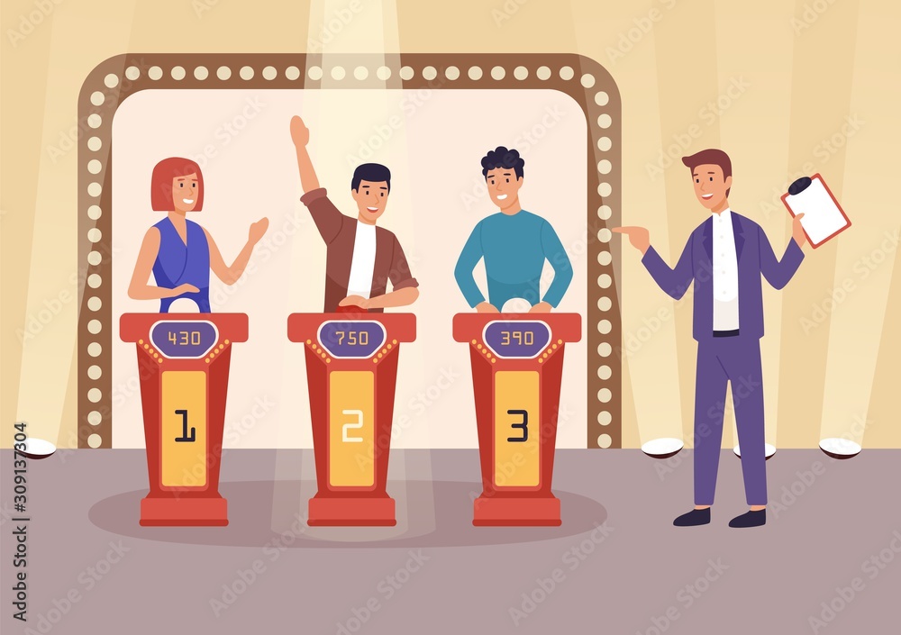 Quiz TV show flat vector illustration. People cartoon characters playing  television game show, answering questions and solving puzzles. Show host  with clipboard staying near players. Stock Vector | Adobe Stock