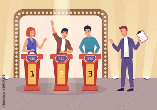 Quiz TV show flat vector illustration. People cartoon characters playing television game show, answering questions and solving puzzles. Show host with clipboard staying near players.