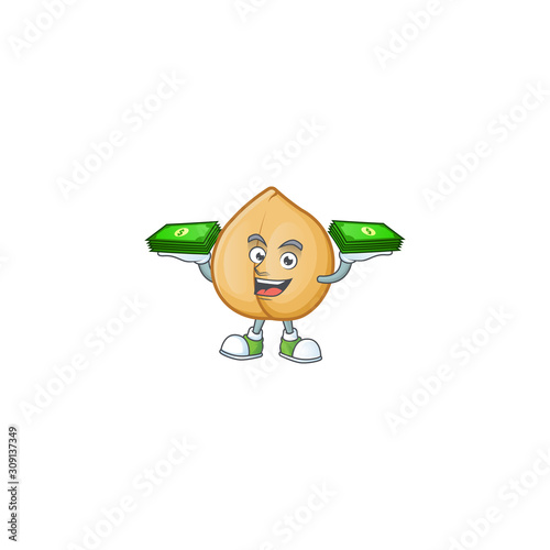 Confident smiley chickpeas character with money on hand