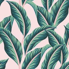 Sierkussen Tropische bladeren patronen Vintage groene palmbladeren roze achtergrond  © good_mood