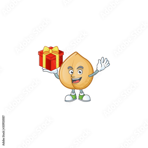 Mascot of chickpeas character up a gift