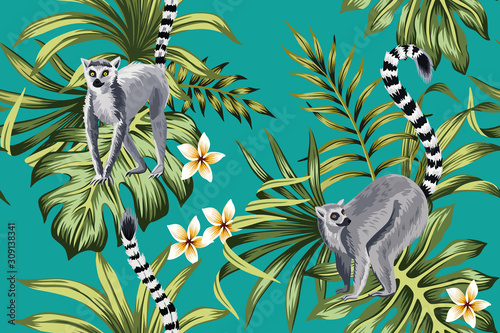 Tropical vintage lemur, plumeria flower, palm leaves floral seamless pattern green background. Exotic jungle wallpaper.