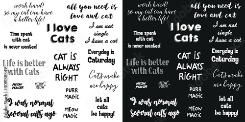 vector lettering. vector set phrases about love for cats, about cats. Two image options - black and white background.