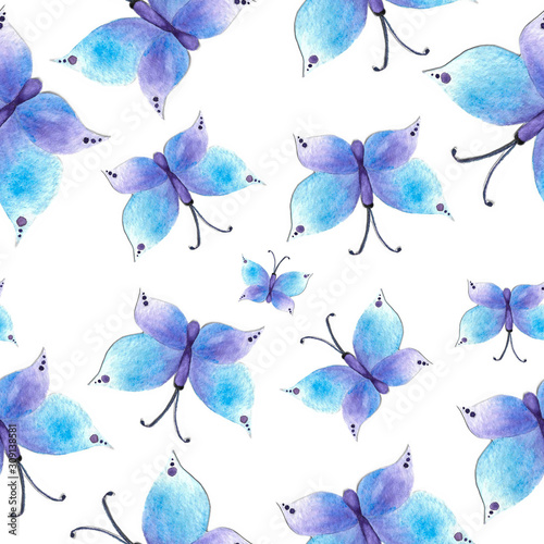 watercolor seamless pattern with blue butterflies on white background © Анна Протопопова