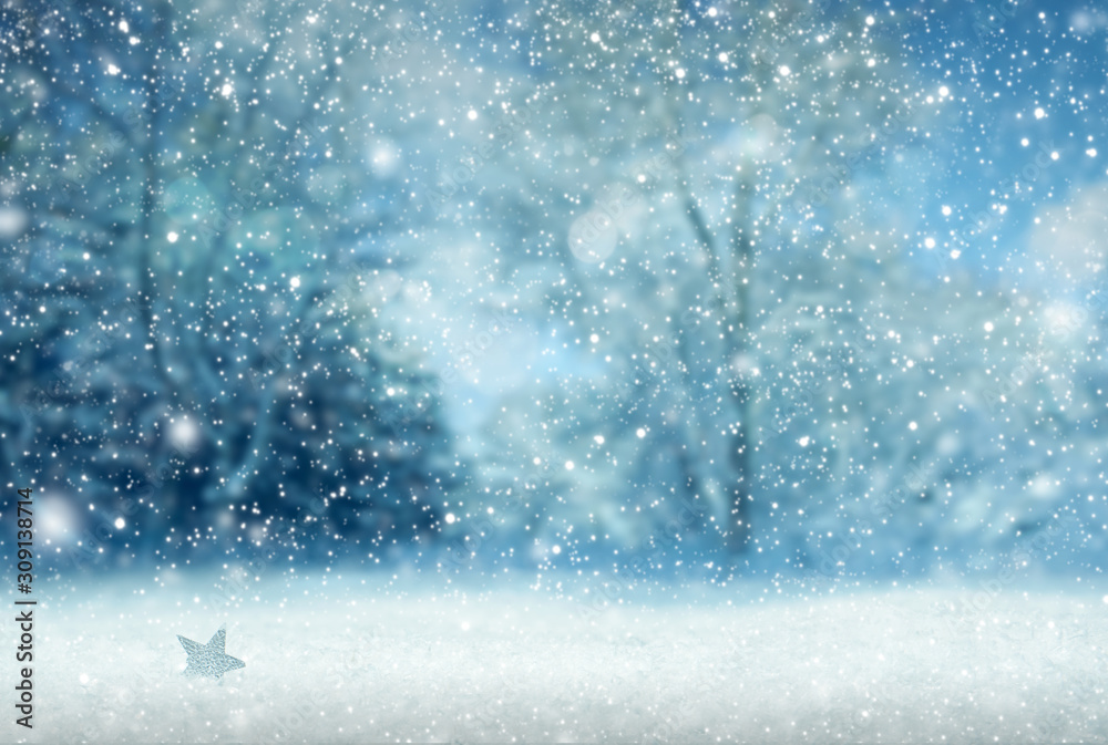 Obraz premium Zimowe tło z drzewami pokryte szronem i śniegiem.