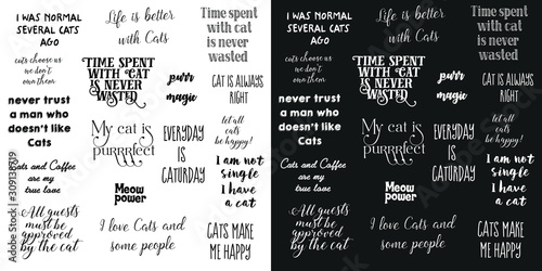 vector lettering. vector set phrases with different fonts about love for cats, about cats. Two image options - black and white background.