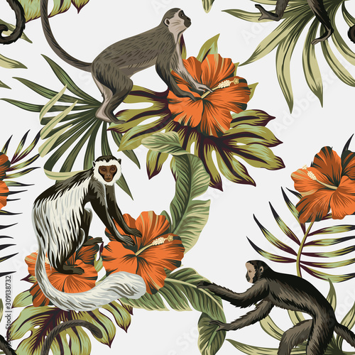 Tropical vintage monkey, red hibiscus flower, palm leaves floral seamless pattern white background. Exotic jungle wallpaper.