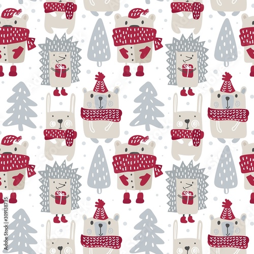 Kids seamless pattern with cute bears and hedgehog and rabbit in simple cartoon scandinavian style. For children textile, wallpaper