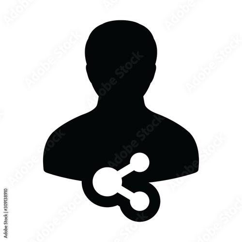 Person icon with share symbol vector male profile avatar in a glyph pictogram illustration