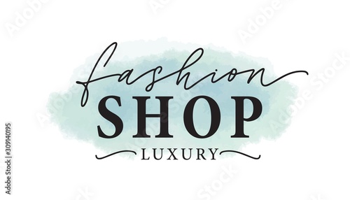 Fashion shop logo vector illustration. Luxury clothing store watercolor logotype, label design. Inscription on blue paint smears background. Apparel store lettering with aquarelle brush strokes.