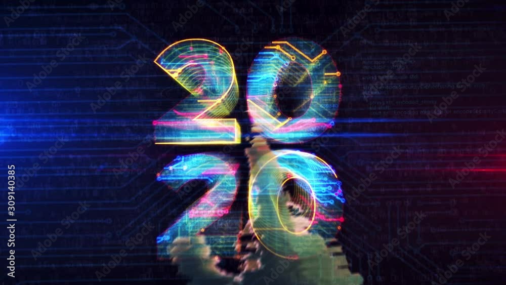 2020 year futuristic 3D rendering animation. Hand finger touch the screen and entry into cyberspace abstract concept.
