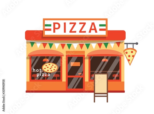 Pizza shop flat vector illustration. Pizzeria building facade with signboard isolated on white background. Small cafe with traditional italian cuisine. Cartoon pizza margarita restaurant.