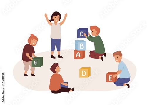 Kindergarten flat vector illustration. Children sitting on floor and playing cubes with letters isolated on white background. Educational game for preschoolers. Kids education and development.