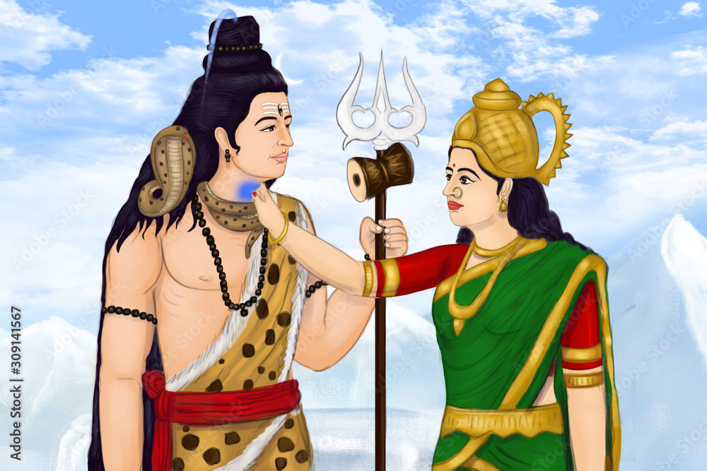 Illustrazione Stock Lord Shiva with his consort, Goddess ParvatiLord