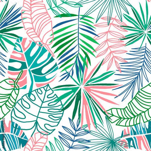 Tropical seamless pattern. Summer tropic background. Green and pink jungle leaves