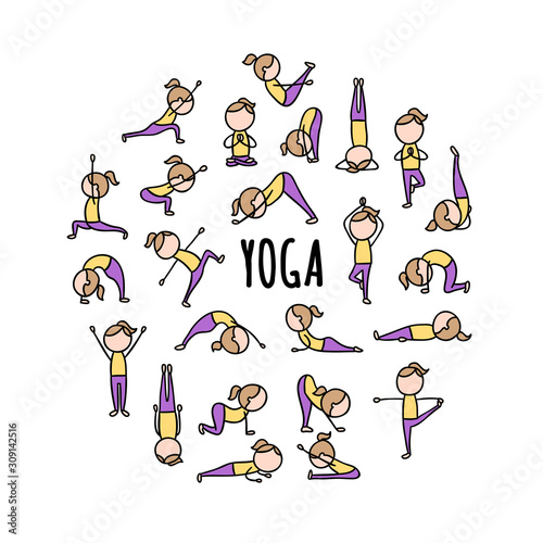 Yoga poses vector round concept. Healthy lifestyle and sport hand drawn set on white background. Active girl doing exercises and yoga asanas