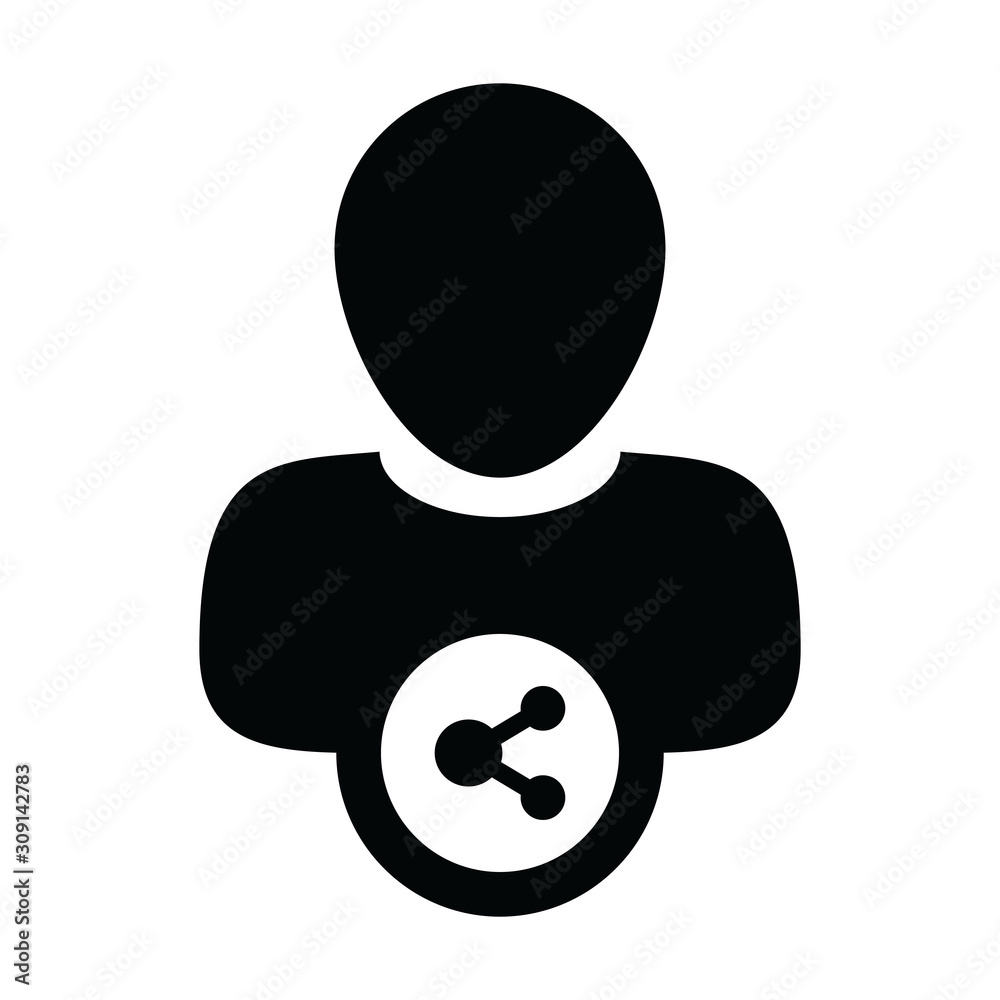 Sharing icon vector male person profile avatar with share symbol in a glyph pictogram illustration Sharing icon vector male person profile avatar with share symbol in a glyph pictogram illustration