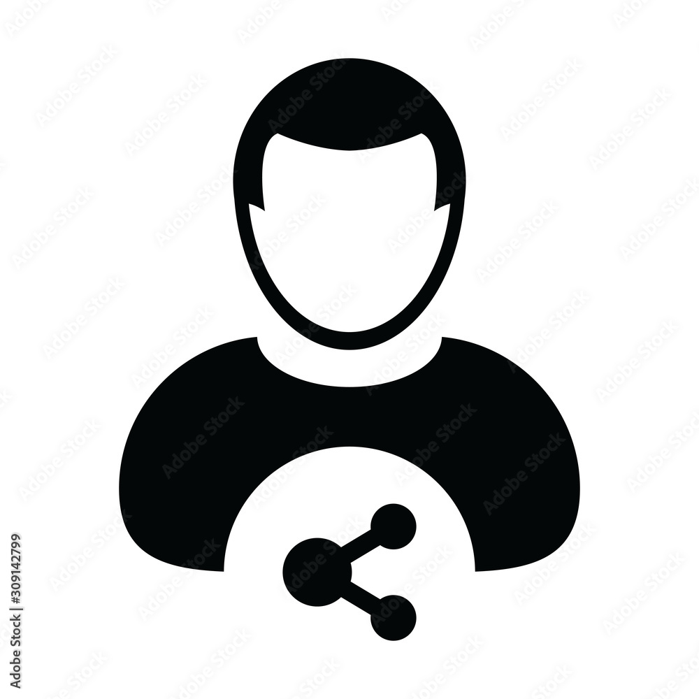 Connect icon vector male person profile avatar with share symbol in a glyph pictogram illustration Connect icon vector male person profile avatar with share symbol in a glyph pictogram illustration